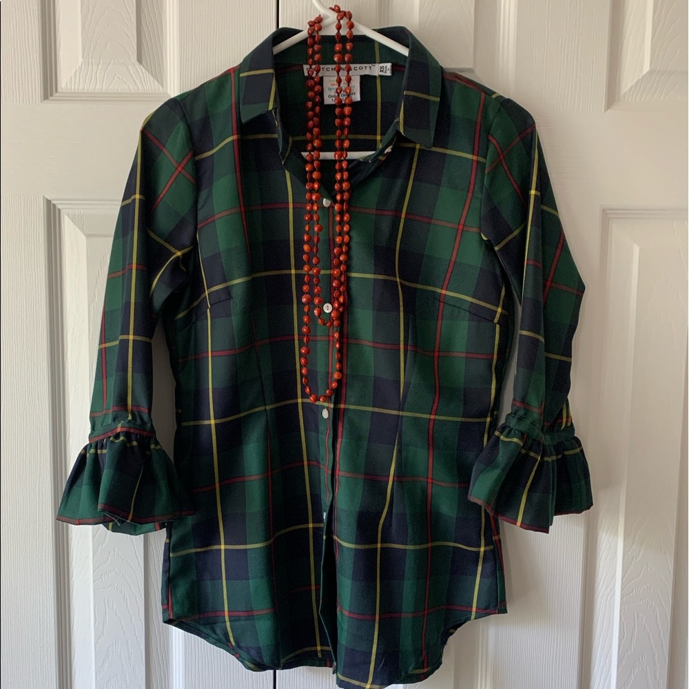 NWOT, Gretchen Scott Green Plaid Blouse, Size XS